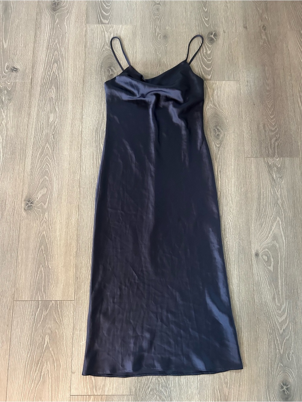 Satin Slip Midi cowl neck Dress in navy blue